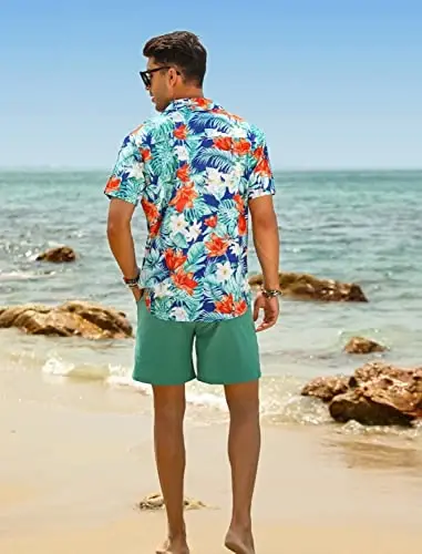 EISHOPEER Men's Flower Shirt Hawaiian Sets Casual Button Down Short Sleeve Shirt and Solid Quick Dry Beach Shorts S-3XL - 4