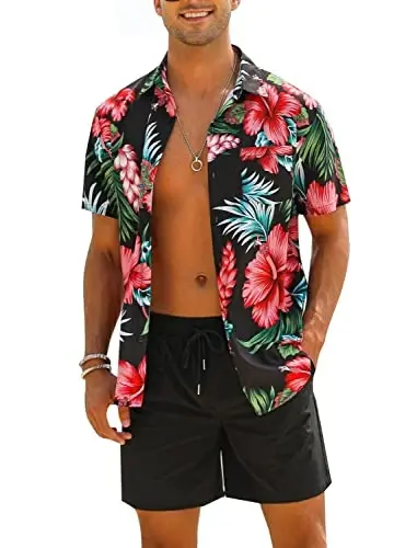 EISHOPEER Men's Flower Shirt Hawaiian Sets Casual Button Down Short Sleeve Shirt and Solid Quick Dry Beach Shorts S-3XL - 1