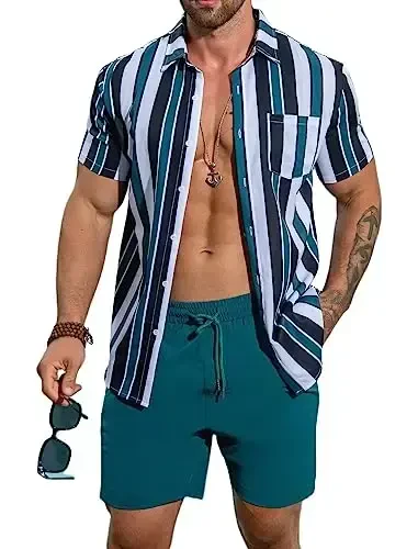 EISHOPEER Men's Flower Shirt Hawaiian Sets Casual Button Down Short Sleeve Shirt and Solid Quick Dry Beach Shorts S-3XL - EISHOPEER