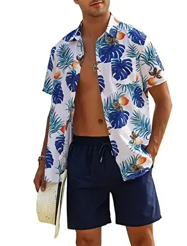 EISHOPEER Men's Flower Shirt Hawaiian Sets Casual Button Down Short Sleeve Shirt and Solid Quick Dry Beach Shorts S-3XL 