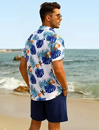 EISHOPEER Men's Flower Shirt Hawaiian Sets Casual Button Down Short Sleeve Shirt and Solid Quick Dry Beach Shorts S-3XL - 4