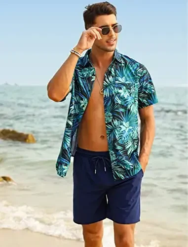 EISHOPEER Men's Flower Shirt Hawaiian Sets Casual Button Down Short Sleeve Shirt and Solid Quick Dry Beach Shorts S-3XL - 3
