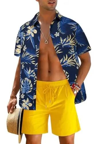 EISHOPEER Men's Flower Shirt Hawaiian Sets Casual Button Down Short Sleeve Shirt and Solid Quick Dry Beach Shorts S-3XL - 1