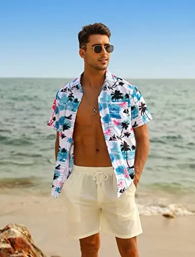 EISHOPEER Men's Flower Shirt Hawaiian Sets Casual Button Down Short Sleeve Shirt and Solid Quick Dry Beach Shorts S-3XL - 2