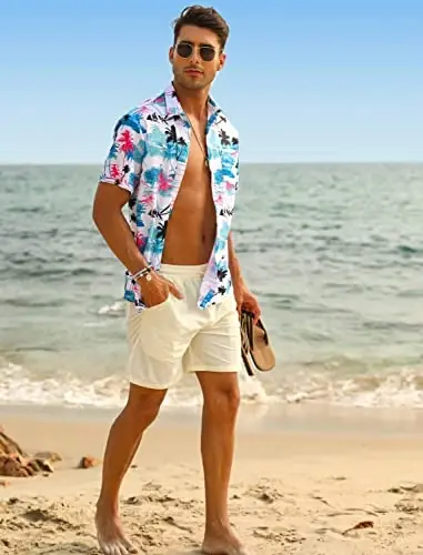 EISHOPEER Men's Flower Shirt Hawaiian Sets Casual Button Down Short Sleeve Shirt and Solid Quick Dry Beach Shorts S-3XL - 4