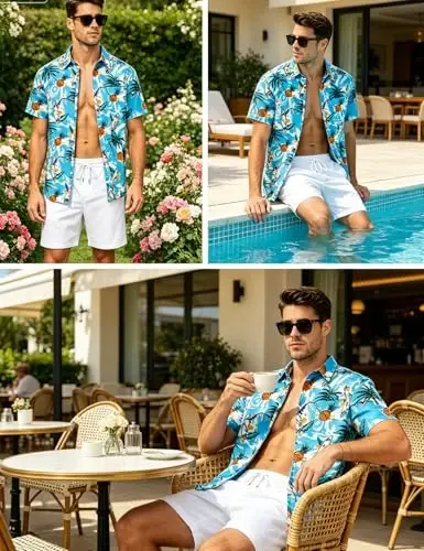 EISHOPEER Men's Flower Shirt Hawaiian Sets Casual Button Down Short Sleeve Shirt and Solid Quick Dry Beach Shorts S-3XL - 2
