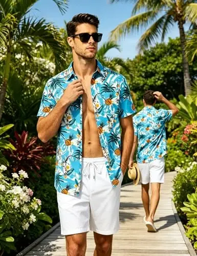 EISHOPEER Men's Flower Shirt Hawaiian Sets Casual Button Down Short Sleeve Shirt and Solid Quick Dry Beach Shorts S-3XL - 4