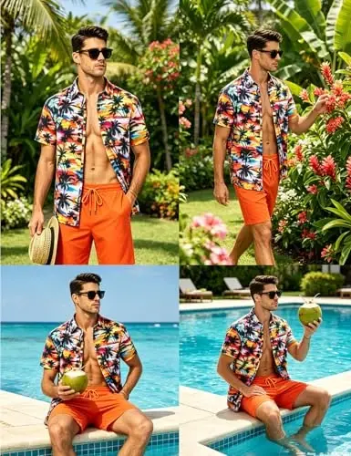 EISHOPEER Men's Flower Shirt Hawaiian Sets Casual Button Down Short Sleeve Shirt and Solid Quick Dry Beach Shorts S-3XL - 2