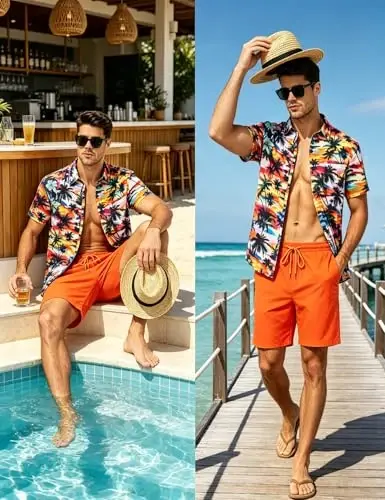 EISHOPEER Men's Flower Shirt Hawaiian Sets Casual Button Down Short Sleeve Shirt and Solid Quick Dry Beach Shorts S-3XL - 3