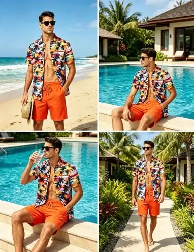 EISHOPEER Men's Flower Shirt Hawaiian Sets Casual Button Down Short Sleeve Shirt and Solid Quick Dry Beach Shorts S-3XL - 4