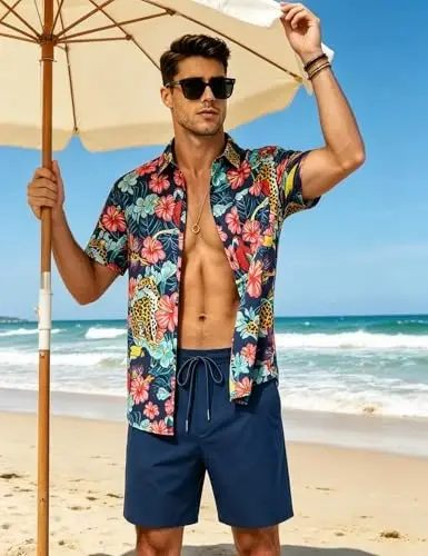 EISHOPEER Men's Flower Shirt Hawaiian Sets Casual Button Down Short Sleeve Shirt and Solid Quick Dry Beach Shorts S-3XL - EISHOPEER (1)