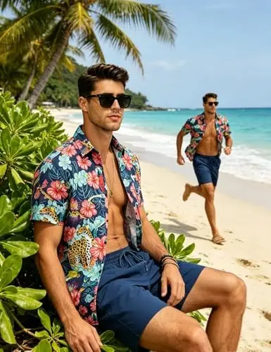EISHOPEER Men's Flower Shirt Hawaiian Sets Casual Button Down Short Sleeve Shirt and Solid Quick Dry Beach Shorts S-3XL - 3
