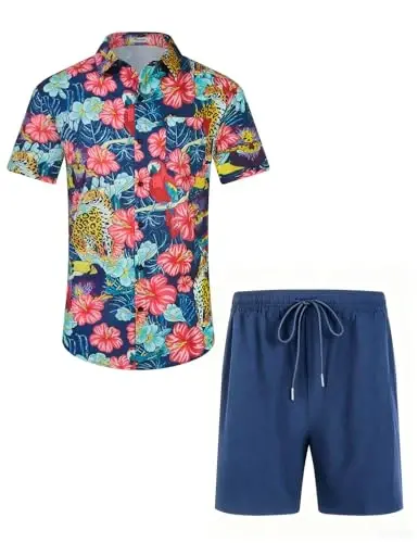 EISHOPEER Men's Flower Shirt Hawaiian Sets Casual Button Down Short Sleeve Shirt and Solid Quick Dry Beach Shorts S-3XL - 5