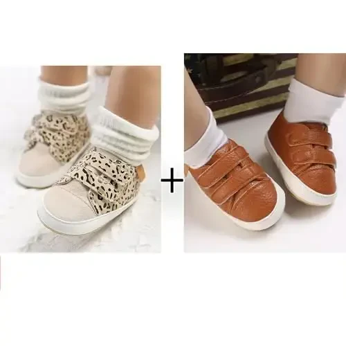 eitwo 2Pairs Baby Shoes,Boys Girls Non-Slip Rubber Sole Sneakers,Unisex Infant Soft Lightweight First Walking Crib Shoes - 2