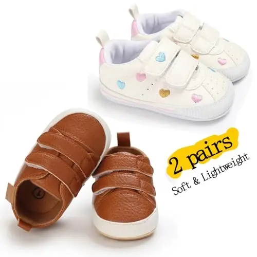eitwo 2Pairs Baby Shoes,Boys Girls Non-Slip Rubber Sole Sneakers,Unisex Infant Soft Lightweight First Walking Crib Shoes - 4