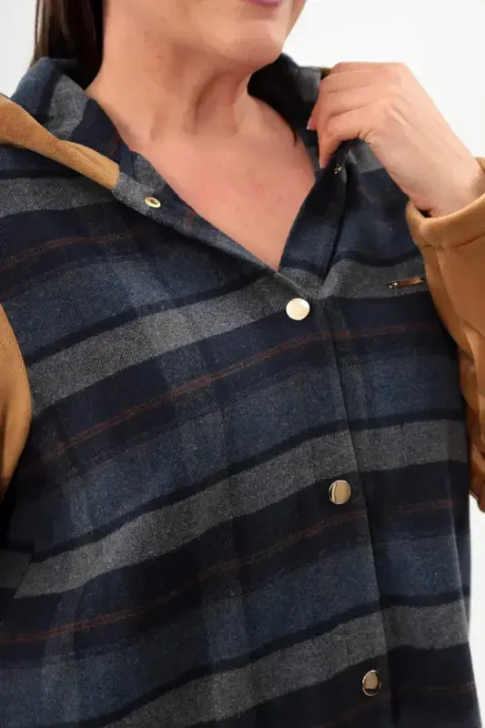 Angelino Ekose Desen Çıt Çıt Düğmeli Cep Detaylı Lacivert Mont - 4