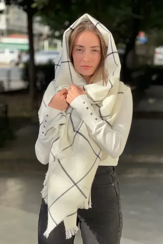 Ekoseli Ince Çizgili Atkı-beyaz ekoseli - 3