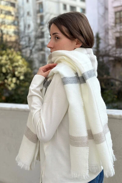 Ekoseli Ince Çizgili Puf Atkı-ekru ekoseli - Modazone (1)