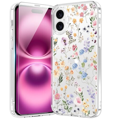 Ekran himoyasi va yaxshilangan kamera muhofazasi bilan iPhone 16 учун bicol, Qizlar va ayollar uchun zamonaviy dizaynlari bilan kristalda toza qopqoqli, yupqa mos himoyalovchi telefon qopqog'i 6,1” Blooming Wildflower - bicol