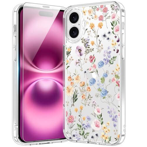 Ekran himoyasi va yaxshilangan kamera muhofazasi bilan iPhone 16 учун bicol, Qizlar va ayollar uchun zamonaviy dizaynlari bilan kristalda toza qopqoqli, yupqa mos himoyalovchi telefon qopqog'i 6,1” Blooming Wildflower - 1
