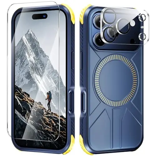 Ekran Koruyucu ve Kamera Mercek Koruyuculu iPhone 17 Pro Max ile Uyumlu Ağır Hizmet Tipi 3'ü 1 Arada Kılıf, 7 Kat Askeri Düşme Koruma, MagSafe Uyumlu, iPhone 17 Pro Max için Dayanıklı ve İnce Darbeye Dayanıklı Kılıf, Mavi 