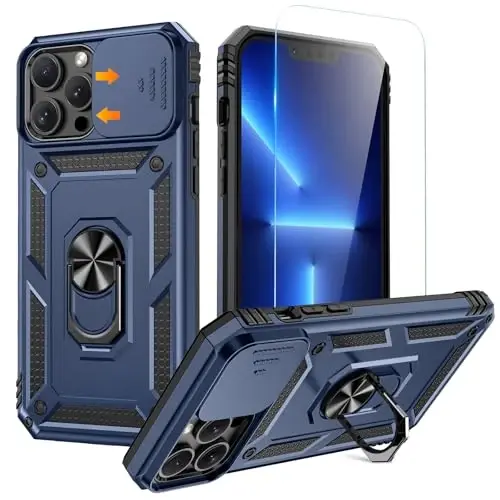 Goton Compatible for iPhone 13 Pro Max Case with Screen Protector - Slide Camera Protective Phone Cover with Ring Stand, Heavy Duty Shockproof Rugged Bumper for 13 ProMax Accessories Blue 