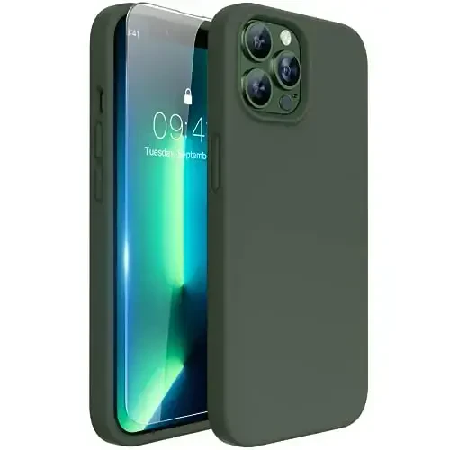 Miracase Designed for iPhone 13 Pro Max Case with Screen Protector,[Soft Anti-Scratch Microfiber Lining],Shockproof Liquid Silicone Rubber Phone Case Cover 6.7 inch, Dark Green - MIRACASE
