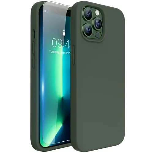 Miracase Designed for iPhone 13 Pro Max Case with Screen Protector,[Soft Anti-Scratch Microfiber Lining],Shockproof Liquid Silicone Rubber Phone Case Cover 6.7 inch, Dark Green - 1