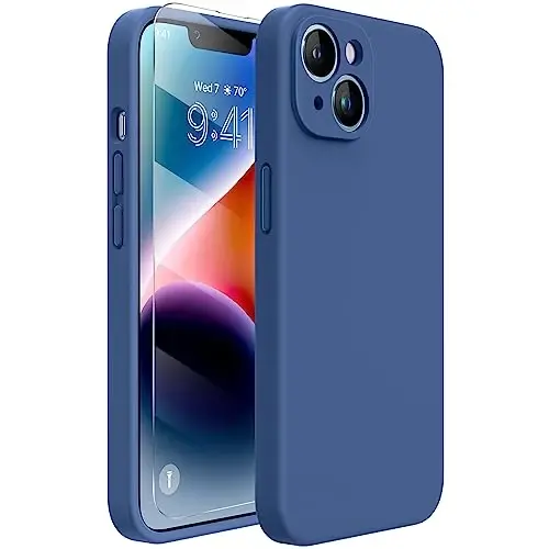Miracase Designed for iPhone 14 Case with Screen Protector,[Upgraded Enhanced Camera Protection],Shockproof Liquid Silicone Case with Microfiber Lining, 6.1 inch,Glass Blue 