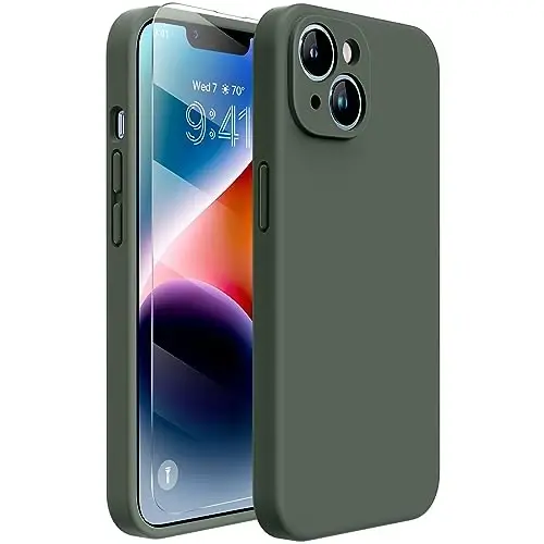 Miracase Designed for iPhone 14 Case with Screen Protector,[Upgraded Enhanced Camera Protection],Shockproof Liquid Silicone Case with Microfiber Lining, 6.1 inch,Dark Green 