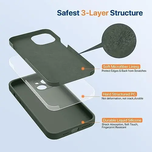 Miracase Designed for iPhone 14 Case with Screen Protector,[Upgraded Enhanced Camera Protection],Shockproof Liquid Silicone Case with Microfiber Lining, 6.1 inch,Dark Green - 4