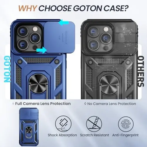 Goton Compatible for iPhone 14 Pro Case with Screen Protector - Slide Camera Protective Phone Cover with Ring Stand, Heavy Duty Shockproof Rugged Bumper for 14 Pro Accessories Blue - 5