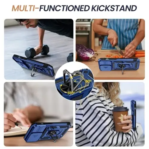 Goton Compatible for iPhone 14 Pro Case with Screen Protector - Slide Camera Protective Phone Cover with Ring Stand, Heavy Duty Shockproof Rugged Bumper for 14 Pro Accessories Blue - 6