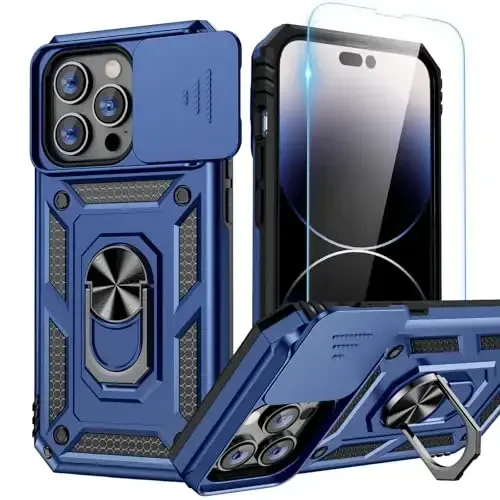 Goton Compatible for iPhone 14 Pro Case with Screen Protector - Slide Camera Protective Phone Cover with Ring Stand, Heavy Duty Shockproof Rugged Bumper for 14 Pro Accessories Blue - 1