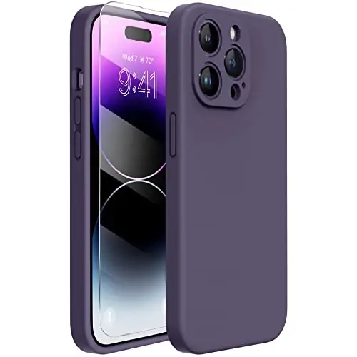 Ekran Koruyuculu iPhone 14 Pro Max için Miracase Kılıfı, [Gelişmiş Kamera Koruması], Mikro Fiber Astarlı Darbeye Dayanıklı Sıvı Silikon Kılıf, 6.7 inç, Koyu Mor 