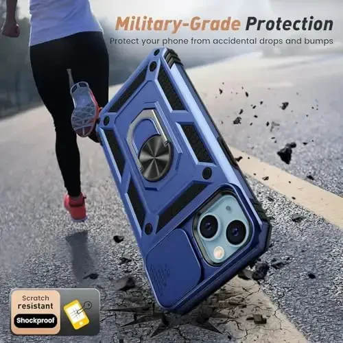Goton Compatible for iPhone 14/13 Case with Screen Protector - Slide Camera Protective Phone Cover with Ring Stand, Heavy Duty Shockproof Rugged Bumper for iPhone14 iPhone13 Accessories Blue - 4