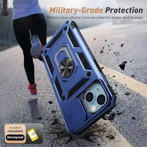 Goton Compatible for iPhone 14/13 Case with Screen Protector - Slide Camera Protective Phone Cover with Ring Stand, Heavy Duty Shockproof Rugged Bumper for iPhone14 iPhone13 Accessories Blue - 4
