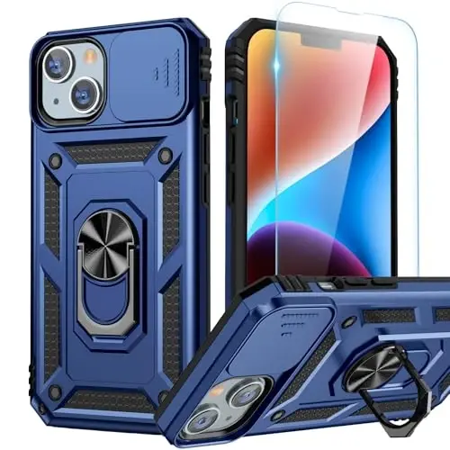 Goton Compatible for iPhone 14/13 Case with Screen Protector - Slide Camera Protective Phone Cover with Ring Stand, Heavy Duty Shockproof Rugged Bumper for iPhone14 iPhone13 Accessories Blue 