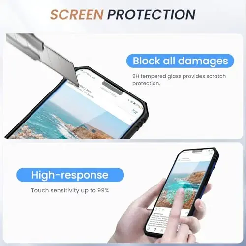 Goton Compatible for iPhone 14/13 Case with Screen Protector - Slide Camera Protective Phone Cover with Ring Stand, Heavy Duty Shockproof Rugged Bumper for iPhone14 iPhone13 Accessories Blue - 3