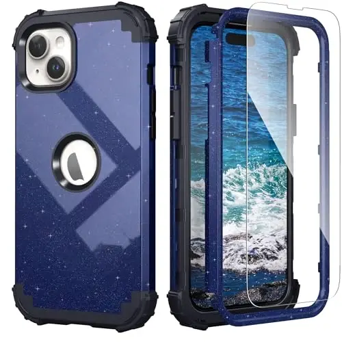 IDweel for iPhone 15 Plus Case with Screen Protector, 3 in 1 Shockproof Slim Fit Hybrid Heavy Duty Hard PC Cover Soft Silicone Bumper Full Body Case (Glitter Blue Black) 