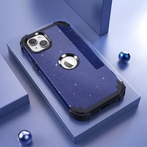 IDweel for iPhone 15 Plus Case with Screen Protector, 3 in 1 Shockproof Slim Fit Hybrid Heavy Duty Hard PC Cover Soft Silicone Bumper Full Body Case (Glitter Blue Black) - 2