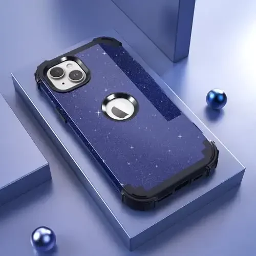 IDweel for iPhone 15 Plus Case with Screen Protector, 3 in 1 Shockproof Slim Fit Hybrid Heavy Duty Hard PC Cover Soft Silicone Bumper Full Body Case (Glitter Blue Black) - 2