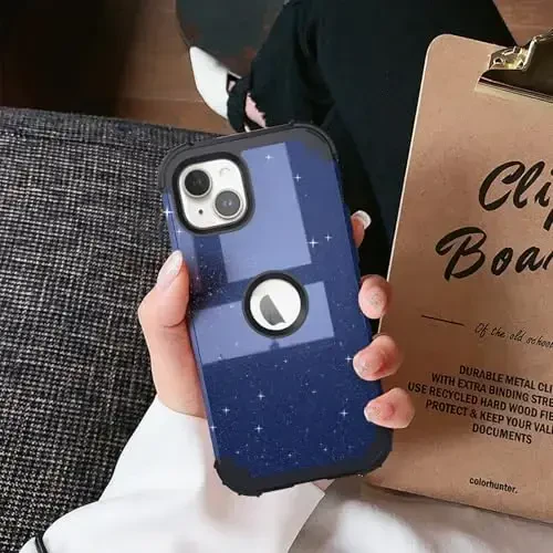 IDweel for iPhone 15 Plus Case with Screen Protector, 3 in 1 Shockproof Slim Fit Hybrid Heavy Duty Hard PC Cover Soft Silicone Bumper Full Body Case (Glitter Blue Black) - 4