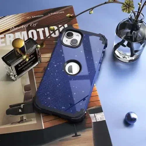 IDweel for iPhone 15 Plus Case with Screen Protector, 3 in 1 Shockproof Slim Fit Hybrid Heavy Duty Hard PC Cover Soft Silicone Bumper Full Body Case (Glitter Blue Black) - 6