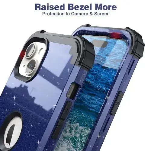 IDweel for iPhone 15 Plus Case with Screen Protector, 3 in 1 Shockproof Slim Fit Hybrid Heavy Duty Hard PC Cover Soft Silicone Bumper Full Body Case (Glitter Blue Black) - 7