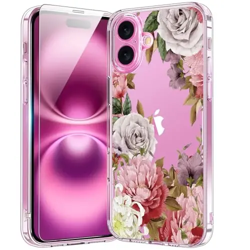 bicol for iPhone 16 Case with Screen Protector, Enhanced Camera Protection, Crystal Acrylic Clear with Fashionable Pattern Designs for Girls Women, Slim Fit Protective Phone Cover 6.1
