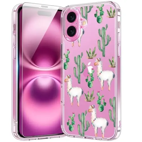 bicol for iPhone 16 Case with Screen Protector, Enhanced Camera Protection, Crystal Acrylic Clear with Fashionable Pattern Designs for Girls Women, Slim Fit Protective Phone Cover 6.1
