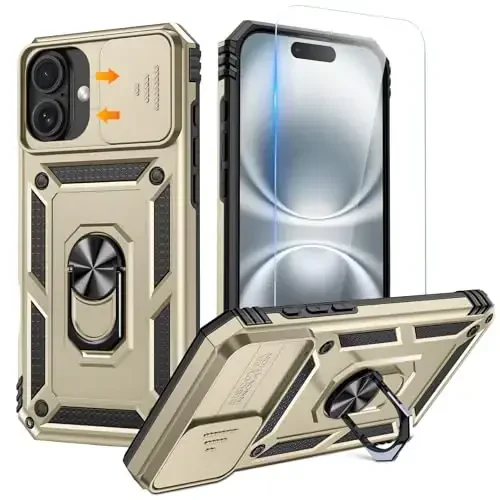 Goton Compatible for iPhone 16 Case with Screen Protector - Slide Camera Cover Protective Phone Case with Ring Stand, Heavy Duty Shockproof Rugged Bumper for iPhone 16 Accessories Gold 