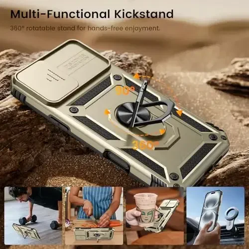 Goton Compatible for iPhone 16 Case with Screen Protector - Slide Camera Cover Protective Phone Case with Ring Stand, Heavy Duty Shockproof Rugged Bumper for iPhone 16 Accessories Gold - 5