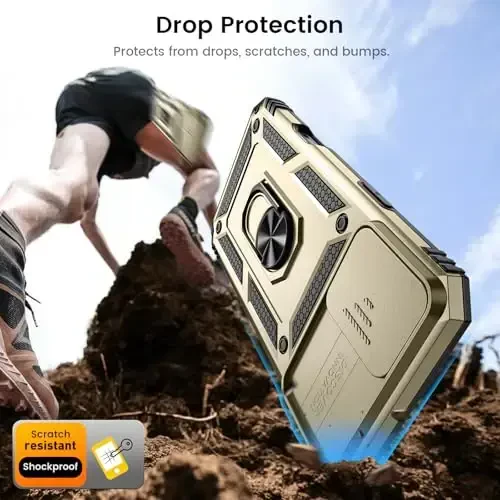 Goton Compatible for iPhone 16 Case with Screen Protector - Slide Camera Cover Protective Phone Case with Ring Stand, Heavy Duty Shockproof Rugged Bumper for iPhone 16 Accessories Gold - 3
